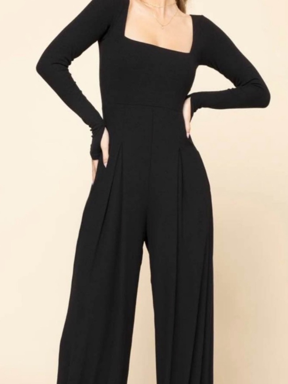 Black Long-Sleeve Wide-Leg Jumpsuit